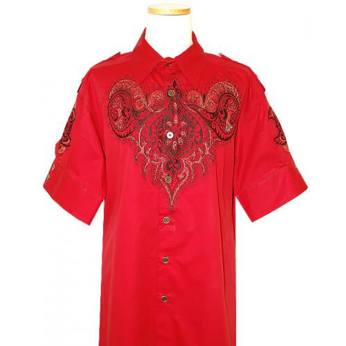 Prestige Red With Metallic Silver/Black Embroidered Design 100% Cotton Shirt COT110